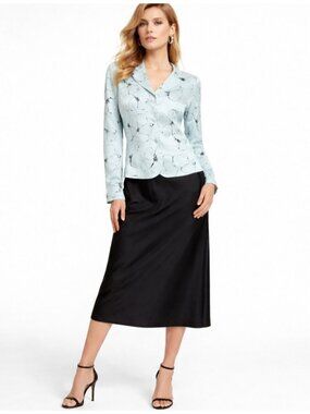 Albert Nipon Silk Beaded Jacket & Skirt Suit Sz 8 Blue Floral 2Pc Vintage